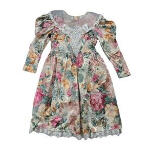 Vintage 80 Jinelle Party‎ Dress Girls Sz 12 Lace Collar Puff Sleeves Sash USA